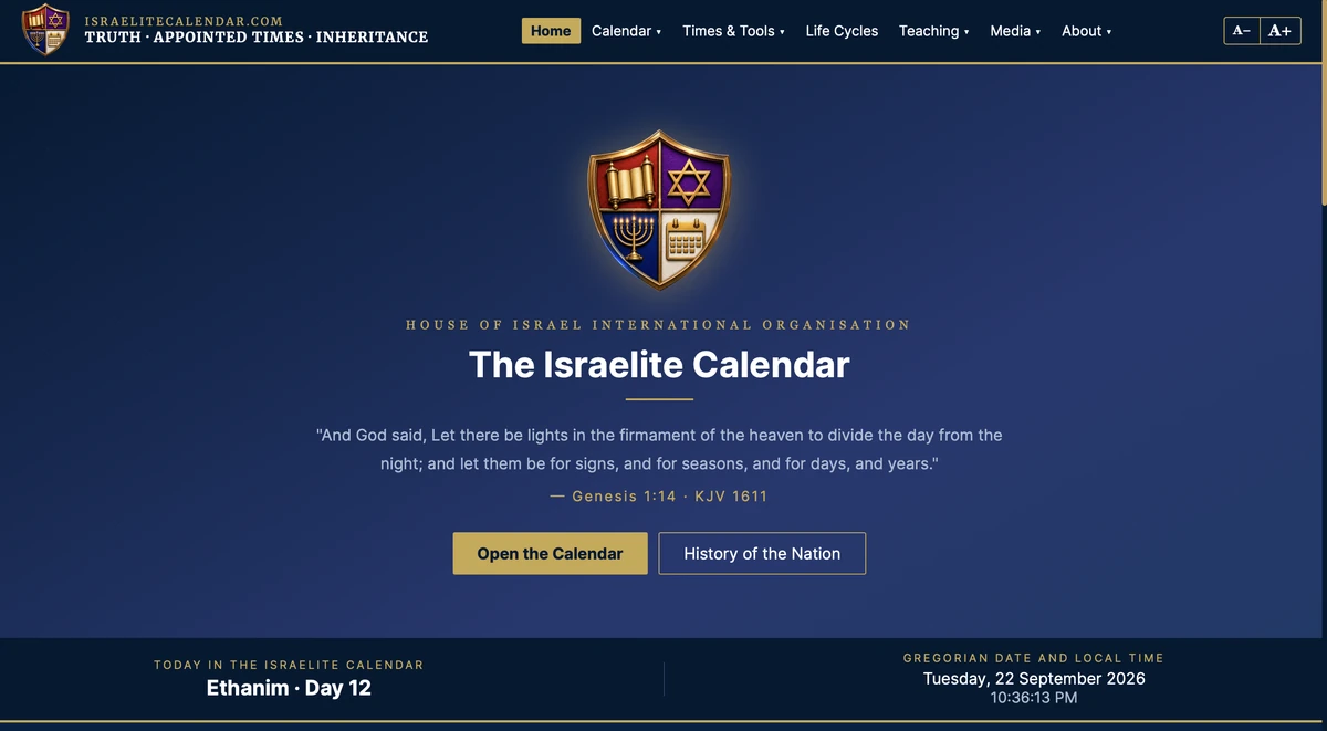 The Israelite Calendar website with its navy and gold calendar interface
