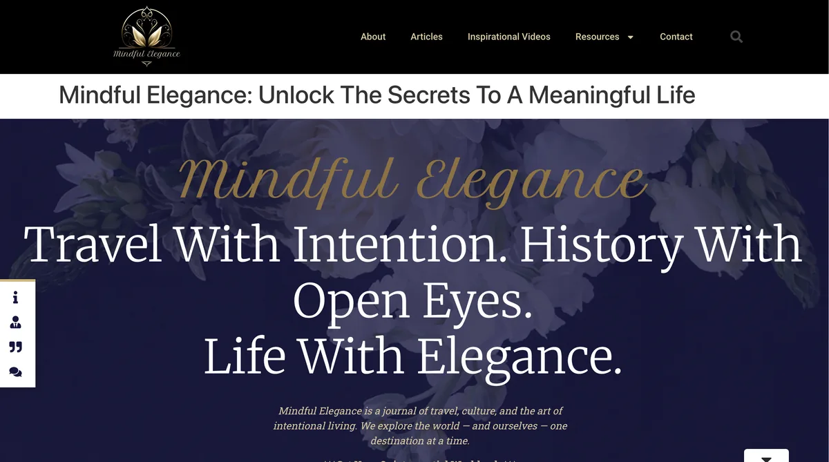Mindful Elegance website with its gold script title over a deep indigo floral background