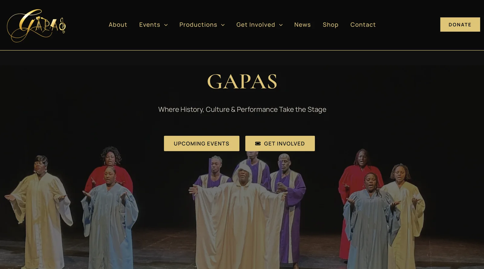 GAPAS homepage in black and gold, with performers in robes on stage