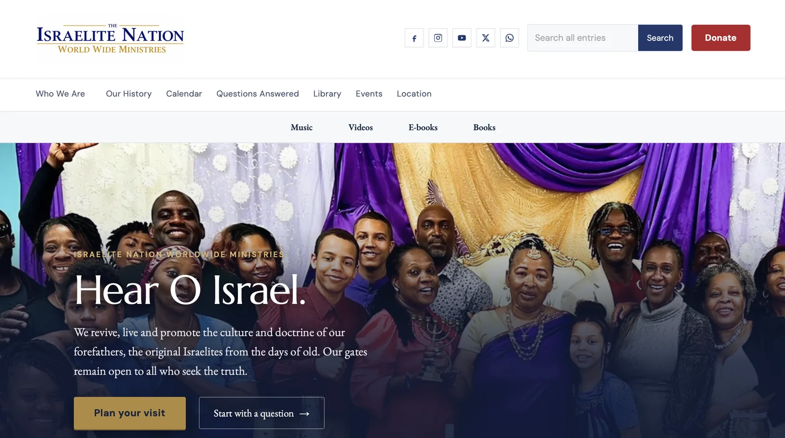 Israelite Nation World Wide Ministries homepage with the headline “Hear O Israel.” over a photograph of the community