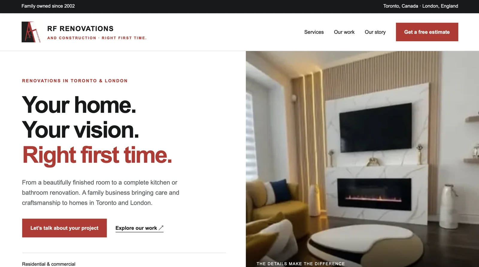 RF Renovations & Construction homepage with the headline “Your home. Your vision. Right first time.” beside a finished living room