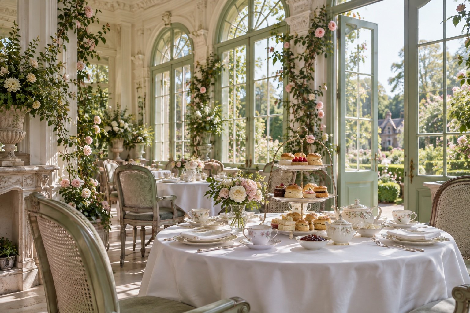 A sunlit English conservatory with climbing roses, fine floral china and a tiered afternoon tea stand