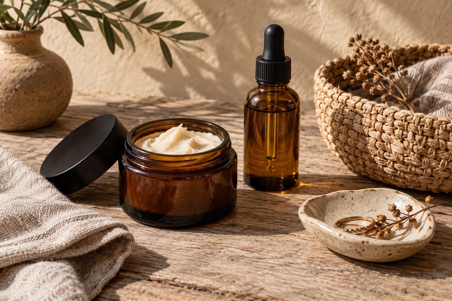 Shea butter, botanical oil, a woven basket and a ceramic dish arranged on linen and weathered wood