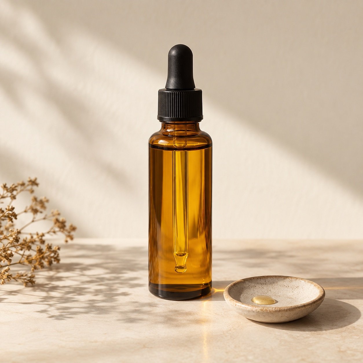 A golden botanical oil in an amber glass dropper bottle beside a small ceramic saucer