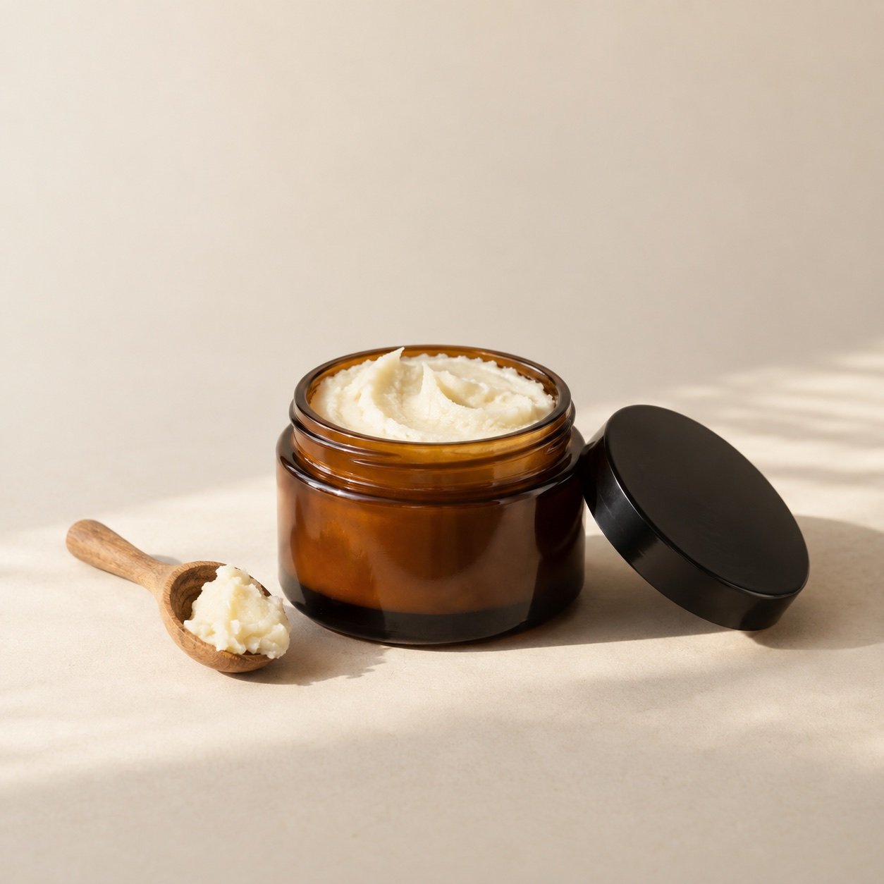 An open amber jar of ivory shea butter with its black lid and a wooden scoop